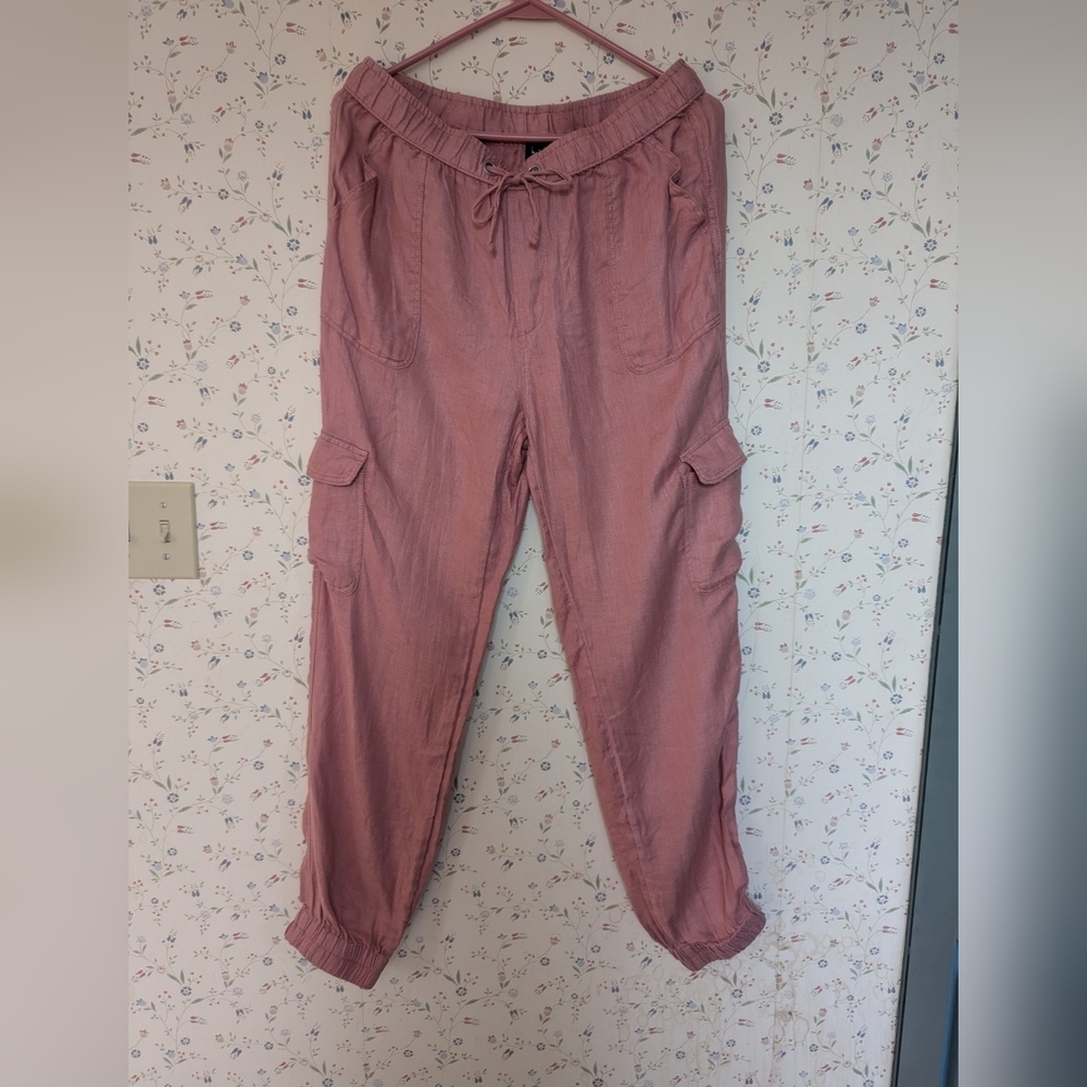 🩷 Nicole Miller Linen Cargo Pants Pink Peach Coral M, 6 Pockets  Trending